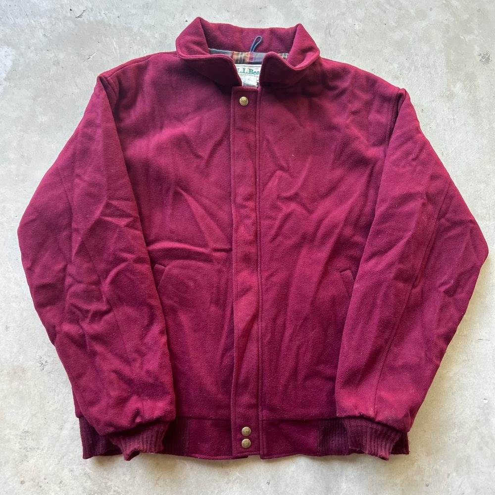 Vintage LL Bean Wool Bomber Jacket Burgundy Maroon Plaid Lined Mens Large